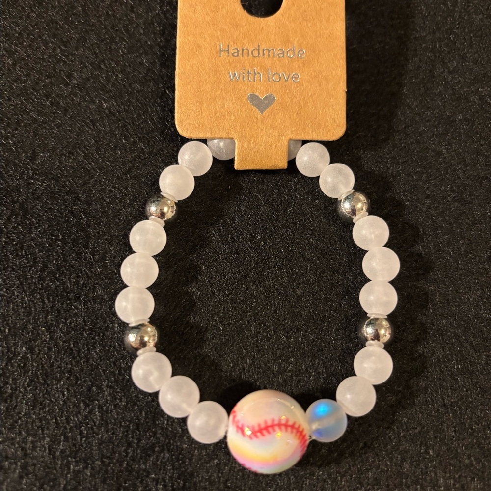 White and Silver Beaded Baseball Charm Bracelet